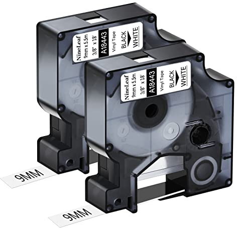 NineLeaf 2 Packung Ersatz für Dymo IND 18443 A18443 9mm x 5.5m Bänder Schwarz auf Weiß Vinyl Permanentes Industrie Schriftband für Rhino 1000 4200 5200 ILP 219 3M PL100 PL150 Beschriftungsgerät
