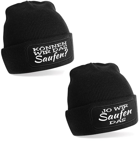 2er Set Beanie Strickmütze mit Spruch | Können wir das saufen? Jo wir saufen das | Farbwahl | Unisex SoftTouch angenehm weiche und warme Wintermütze | OneSize Einheitsgröße für Erwachsene