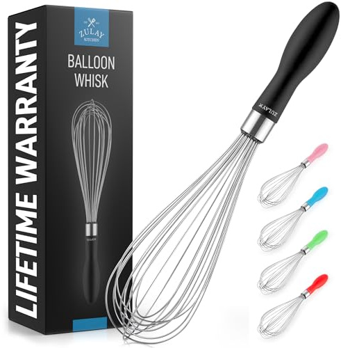 Zulay Kitchen Stainless Steel Balloon Whisk 11 Inch – Durable Wire Whisk with Soft Grip Silicone Handle – Versatile Kitchen Whisk for Blending, Beating, Frothing, Stirring & More - Black