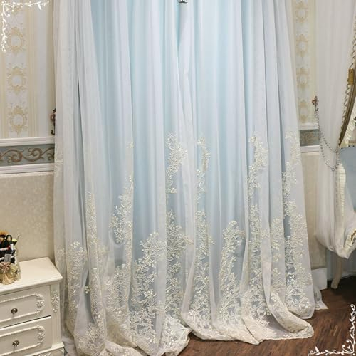 Homxi Gardine Blickdicht Wohnzimmer 2er Set,2 x 132W x 214H cm,Vorhang Kinderzimmer Blickdicht Blau Weiß Doppellagig mit Blumenstickerei Gardinen Schlafzimmer mit Ösen