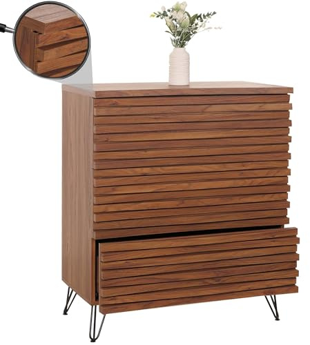 Mendler Kommode HWC-M49 94x80x45cm MDF - Walnuss-Optik | Sideboard, Schrank, Highboard, 3D-Design, 3 Schubladen, Metall