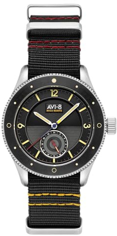 AVI-8 Flyboy Airmaster Sector Meca-Quarzuhr für Herren, 40 mm, mit Nylonband, AV-4112, Rabenschwarz, Japanisch