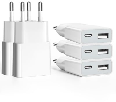 USB Ladegerät 5W Slim Ladestecker Netzteil 5V 1A 2Port USB C+ USB A Netzstecker Adapter, Steckdosenadapter für iPhone,eBook Reader, Xperia, MP3, Smartphone（Weiß） (Thickness 1.45cm/5packs)