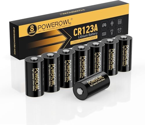 POWEROWL CR123A, Pilas de Litio de 123A y 3V, 8 Unidades, Alta Capacidad, CR123A, 123, C123, CR17345, para Linterna, Sensor de Cámara