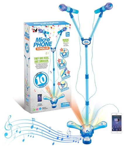 Kids Microphone and Stand,Double Head Kids Karaoke Machine with Stand With External Music Function & Flashing Lights Toy for Kids Children Girls（Blue）