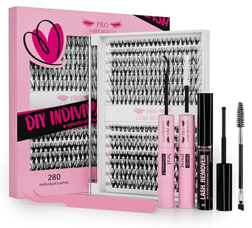 PRO Lash Extension Set - DIY Wimpernverlängerung Kit mit 280 Pcs Cluster Extensions, Bindung und Siegel, Applikator Bürste für Anfänger (30D+40D-9-16mix Kit)
