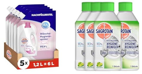 Sagrotan Wäsche-Hygienespüler Sensitiv Nachfüller für hygienisch saubere und frische Wäsche – 5 x 1,2 l + Waschmaschinen Hygiene-Reiniger Limette für eine hygienische Waschmaschine – 4 x 250 ml
