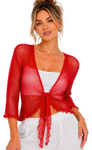 janisramone® Women s Shrugs, Double Fine Knit 3/4 Sleeve Tie Front Top, Bolero Cardigans for Women, Stretchy Cropped Cardigan, Lightweight Summer Shrug, Ladies Evening Tops