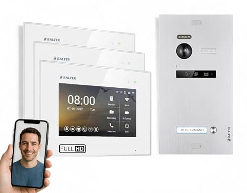 SCHUTZER Balter EVO-HD Video-Türsprechanlage für 1 Familienhaus, 7 Touchscreen Monitor 175° Weitwinkelkamera, Nachtsicht, 2-Draht-Technologie (Weiß/Silber mit Wi-Fi, 3 Monitor)