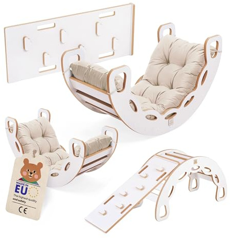 MISIOO Rocker 4in1 Kinderwippe - Indoor Spielplatz Kletterbogen mit Kissen, Klettern Kinder Indoor, inklusive Kletterwand/Rutsche 90x35 cm, Wippe 90x41x50 cm, bis 40 kg