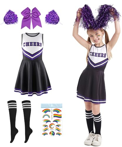 Shengou Cheerleader Kostüm Kinder,Cheerleadering Outfit Mädchen,Cheerleading Uniform Kleid,Kinder Cheer Outfit mit Pompoms Socken,Kinderkostüm Cheerleader,für Karneval Halloween,Fasching,Mottoparty