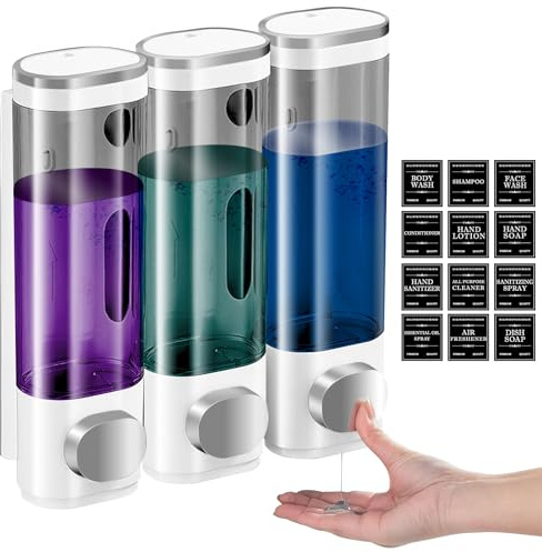 Seifenspender Wandbefestigung, 3 Kammern Seifenspender Wandmontage, Wandseifenspender Ohne Bohren, Soap Dispenser, Duschgelspender Handwaschmittelspender Geeignet für Shampoo, Flüssigseife, Spülung