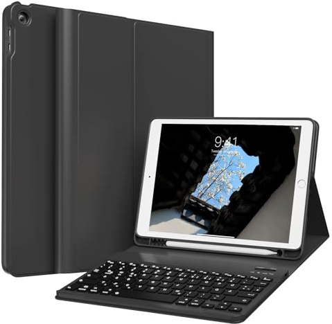 GKABXY Hülle mit Tastatur für iPad 9/8/7 Generation (2021/2020/ 2019), Weiche TPU Rückseite mit Stifthalter, QWERTZ Layout, Magnetische abnehmbare Bluetooth Keyboard für iPad 10,2 Zoll, Schwarz