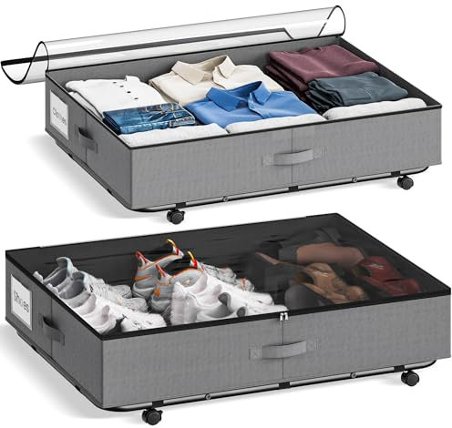 XXXL 78L Under Bed Storage on Wheels, 2-Pack Rolling Storage Containers with Clear Lid & Label, Heavy-Duty Metal Frame, Easy Pull-out, Underbed Storage Bins for Clothes, Shoes, Blankets, and Toys