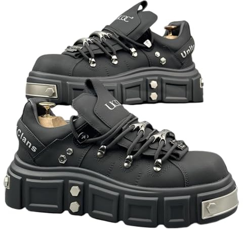 Faux Leather Y2K Punk Studded Platform Sneakers for Women Thick Sole Casual Streetwear Shoes with 2.75 Inch Lift for Night Out Concert Fashion Looks (Black,11)