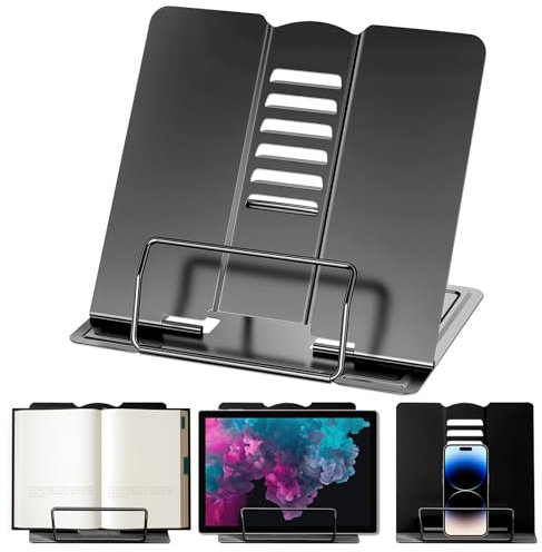 Buchständer Metall, Verstellbarer Buchhalter Leseständer, Faltbarer Bücherständer, Kochbuchhalter mit 6 Verstellbaren Positionen für Rezept, Lehrbuch, Dokument, für Schule, Küche und Büro, Schwarz