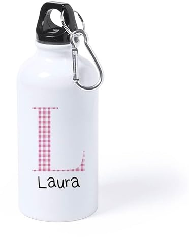 Botella Personalizada Inicial y Nombre Cuadro Vichy Botellas de Agua Aluminio Regalo Niño Niña Comunión Cumpleaños Bautizo (Rosa)