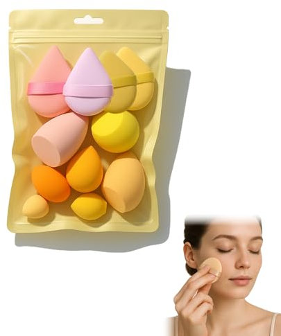 EUYKQNOI Lot de 11 Éponges de Maquillage Jaune - Beauty Blender et Houpettes pour Fond de Teint, Poudre Libre et Crème Liquide - Multifonction (7 Formes Différentes)