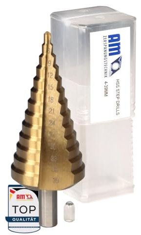AM-Zerspanungstechnik HSS TiN Stufenbohrer 4-39mm | Kegelbohrer für Metall, Holz, Kunststoff | Schälbohrer | Blechschälbohrer | Stufenbohrer Metall Ø4-39 HSS-TiN