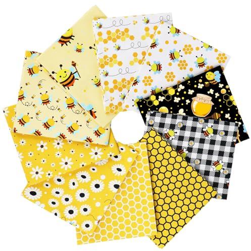 Craftido 10 piezas de Tela de Algodón Fat Quarters 18”x21”(46x53cm) - Peso Medio 145g - 100% Algodón para Acolchado, Costura, Patchwork, DIY y Manualidades Artesanales - Honey Bees