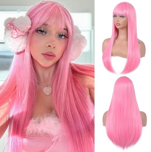 Peruk Bob kort slät med lugg för kvinnor, naturlig, peruk bob slät av syntetiskt hår för flickor, för kostymer, cosplay, fester och dagligt bruk (rosa lång)