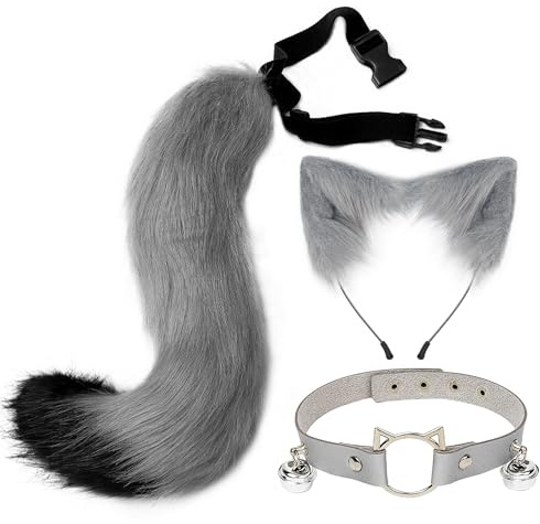 SANSIWU Halloween-Mode-Kunstfell, Katzenohren, Haarspange, Party-Kostüm, Ornament, pelziger Wolf, Fuchsschwanz, Glocke, Leder, Halsband, Cosplay-Spielzeug-Set (A-Grau, 50 x 11 cm)