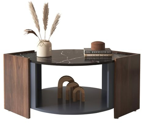 Table basse élégante avec structure en marbre et design noyer, table de salon moderne avec grand compartiment de rangement, forme ronde créative, combinaison élégante d'éléments classiques et modernes