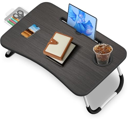 Soontrans Tavolino da Letto, 60 x 40 x 28 cm, Vassoio da Letto Pieghevole con Supporto per Tablet, Cassetto, Portabicchiere, Tavolino Letto,Tavolo da Letto per Letto, Pavimento, Divano(Nero)