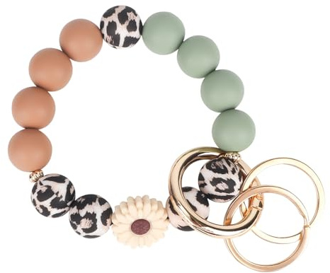 Tinoaly Pulsera Llavero Silicona, Bonita Estampado de Leopardo Cuentas Elástica Pulsera Porta Llaves con 2 Anillas para Mujer
