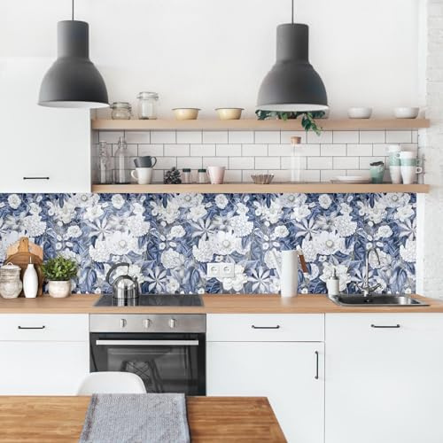 micasia Crédence de cuisine adhésive imperméable à motifs sans joint revêtement mural avec motif film rigide mat bleu fond de hotte style maison de campagne 2054 (350x70cm)