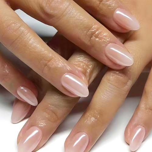 30PC Nude Pink Press on Nails - Short Almond Press on Nails with Aurora Chrome Shine, Long-Lasting Nails Press-on & Almond False Nails for Women