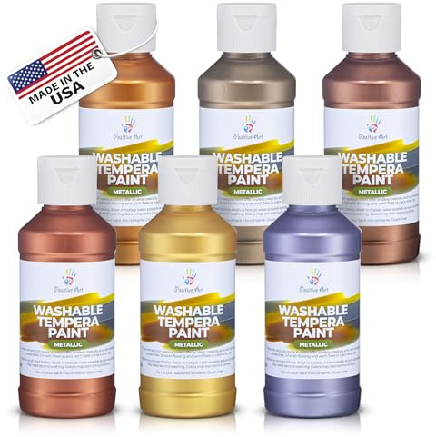 Metallic Washable Tempera Paint – 6 Shimmer Colors, 4 fl oz Bottles, Non-Toxic Kid-Safe School & Craft Paint, Easy Cleanup, Classroom Art Supplies, Made in USA