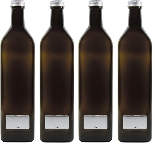mikken 2x grün-braune Glasflasche 1000ml, Ölflasche inkl. 2 Beschriftungsetiketten (Packung mit 2)