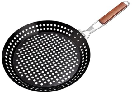 LLHONG BBQ Folding Grill Pan with Holes, Nonstick Camping Pan | with Wooden Foldable Handle | 12 Portable Collapsible Grill Tray | for Outdoor Camping Backyard Barbecue