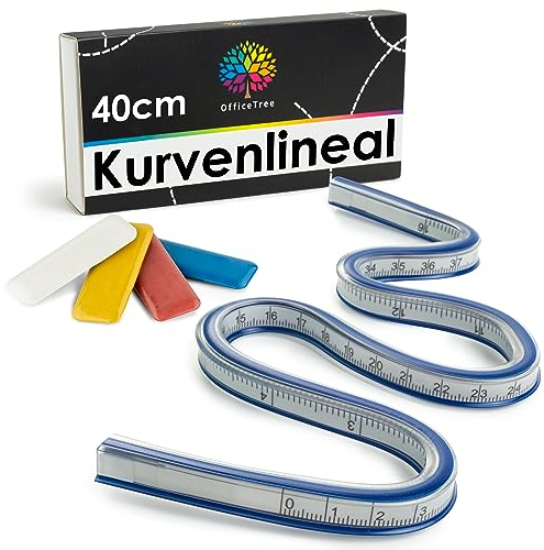 OfficeTree Flexibles Kurvenlineal 40 cm - 16 Zoll - Kurvenlineal Schneiderbedarf - Kurvenlineal Flexibel Nähen & Zeichnen mit perfektem Werkzeug - Flexibles Lineal inkl. 4x Kreide