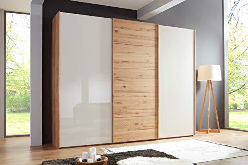 WIEMANN Livorno Kleiderschrank, Schwebetürenschrank, Schlafzimmerschrank, mit Schiebetüren, Breite 300 cm, Glas Creme, Astkern Buche, B/H/T 300x236x67 cm