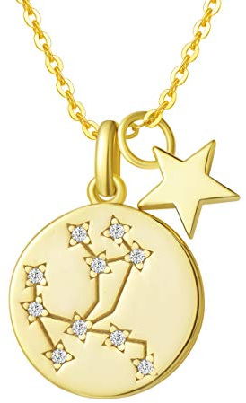 Sternzeichen Kette aus Solide 925 Sterling Silber mit Gold Vergoldet 15mm Durchmesser Anhänger Halskette Einfach Minimalistisch Geschenk Schmuck für Damen Mädchen - Verstellbar Kettenlänge: 40 + 5 cm