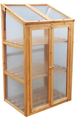 SG Traders Wooden Greenhouse for Garden with Transparent Polycarbonate Panels Outdoor Green House - Wooden Cold Frame with Removeable Shelves Grow House for Plants and Herbs H120 x W69 x D49 cm