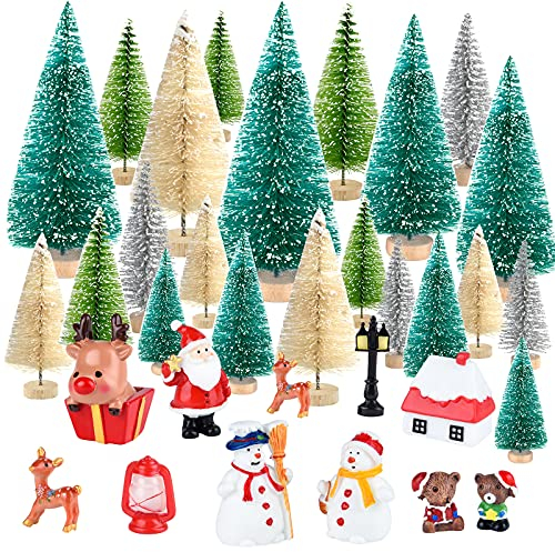 PLULON 33Pcs Mini Christmas Village Decor - Mini Pine Trees, Bottle Brush Trees, Christmas Miniatures, Figurines, Snowman, Santa Claus, Elk, Bear Resin Crafts