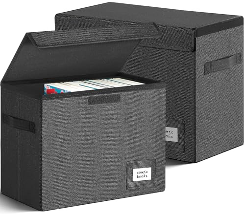 Leffis 2-pack hopfällbar serietidningsförvaringslåda 40 x 19 cm x 28 cm, kort serietidningslåda med handtag, rymmer 150 serietidningsfack