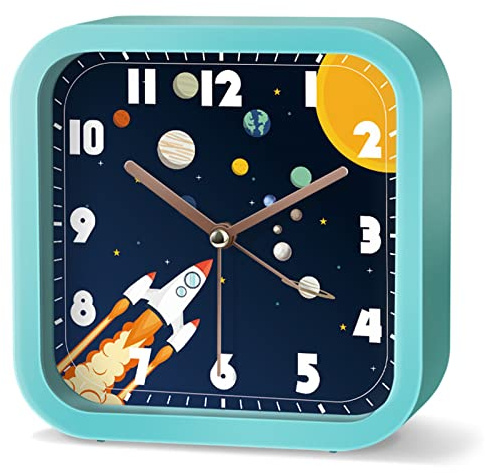 SWECOMZE Wecker Kinder Junge Mädchen, Stern-Astronaut Wecker Kinder Ohne Ticken,Kinderwecker,Stiller Niedlich Kinderwecker Schüler Wecker (F,Quadrat)