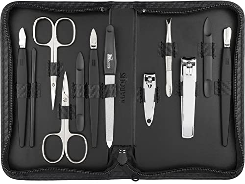 Solingen Manikür Set 12 teilig - Nagelset Herren und Damen, alles was man für die Maniküre und Pediküre braucht, in Kunstleder Etui mit Karbonoptikschicht