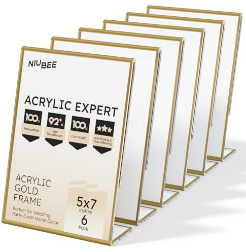 NIUBEE 6 Pack 5 x 7 Acrylic Gold Frame, Slanted Back Table Sign Holder for Wedding Table Numbers, Restaurant Signs, Photos and Art Display Visit the Store