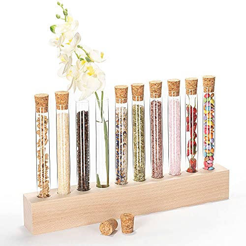 Tuuters Reagenzglasständer Holz mit 10 Reagenzgläser für Blumen, Gewürze | Reagenzglas mit Korken 180 x 20 mm und Ständer, Reagenzglashalter für Küche als Gewürzregal, Halterung, Reagenzglasgestell
