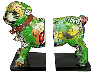 Casablanca Deko 1 Paar Buchstützen - Tierfigur Mops Hundefigur mit Halsband Glocke - Street Art Graffiti Schriftzug Wow - Dekoration Wohnzimmer - Gesamtlänge 22,5 cm