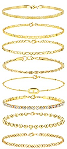 Milacolato Edelstahl Armbänder Set Für Damen Silber Gold Armband Verstellbar 18Karat Vergoldet CZ Kettenarmband Figaro Kubanisches Tennis Kette Armkette Twist Fischgräten Stapelbares Armband Schmuck