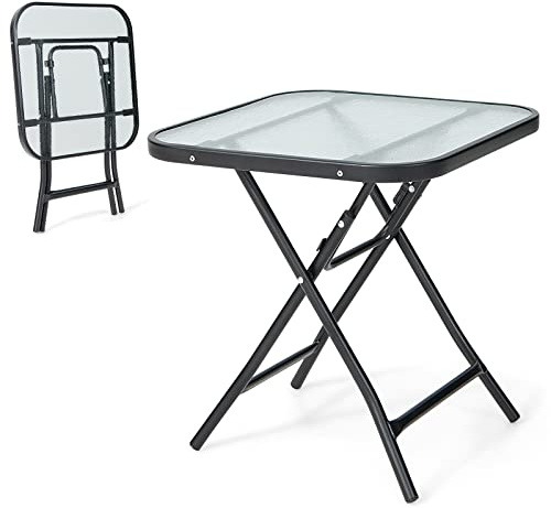 GOPLUS Beistelltisch Garten, 46,5 x 46,5 cm Gartentisch klappbar aus Metall und gehärtetem Glas, Balkontisch klein wetterfest, Bistrotisch Kaffeetisch, Esstisch Outdoor für Balkon Garten Terrasse