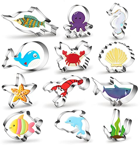 Ocean Creatures Cookie Cutters Set of 12, Metal Under the Sea Cookie Cutter Molds for Baking Dolphin,Clownfish,Octopus,Seahorse,Starfish,Jellyfish,Seashell,Shark Shaped Sandwich Fondant Biscuit Molds