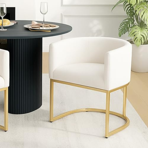 HNY Mid Century Modern Upholstered Barrel Dining Chair with Arms, Velvet Kitchen & Dining Room Chair, 18.5 Wide Accent Chairs for Living Room with Gold Metal Frame, Cream