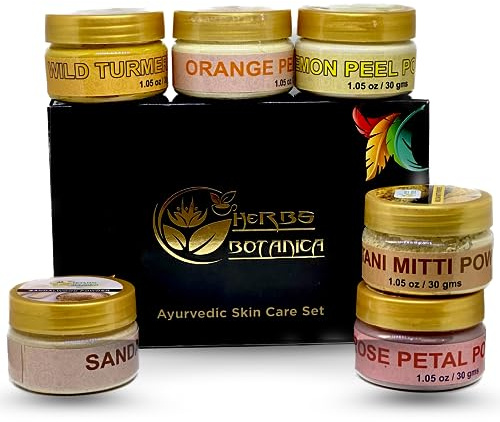 Herbs Botanica Natural Radiance Skin Care Sampler | Sandalwood Powder, Orange Peel Powder, Lemon Peel Powder, Rose Petals Powder, Wild Turmeric Powder, Multanni Mitti Powder 1 oz Each In Gift Pack